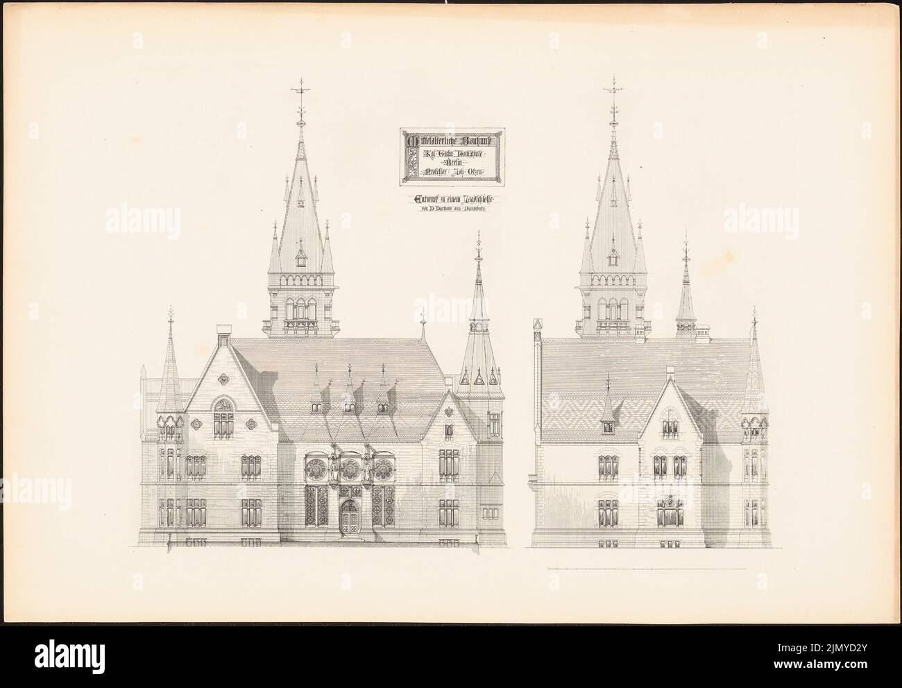 Hartung Hans, hunting lodge. (From: Medieval architecture. Designs by the students of the Royal Technical University of Berlin, ed. Pressure on paper, 37.9 x 54.6 cm (including scan edges) Stock Photo