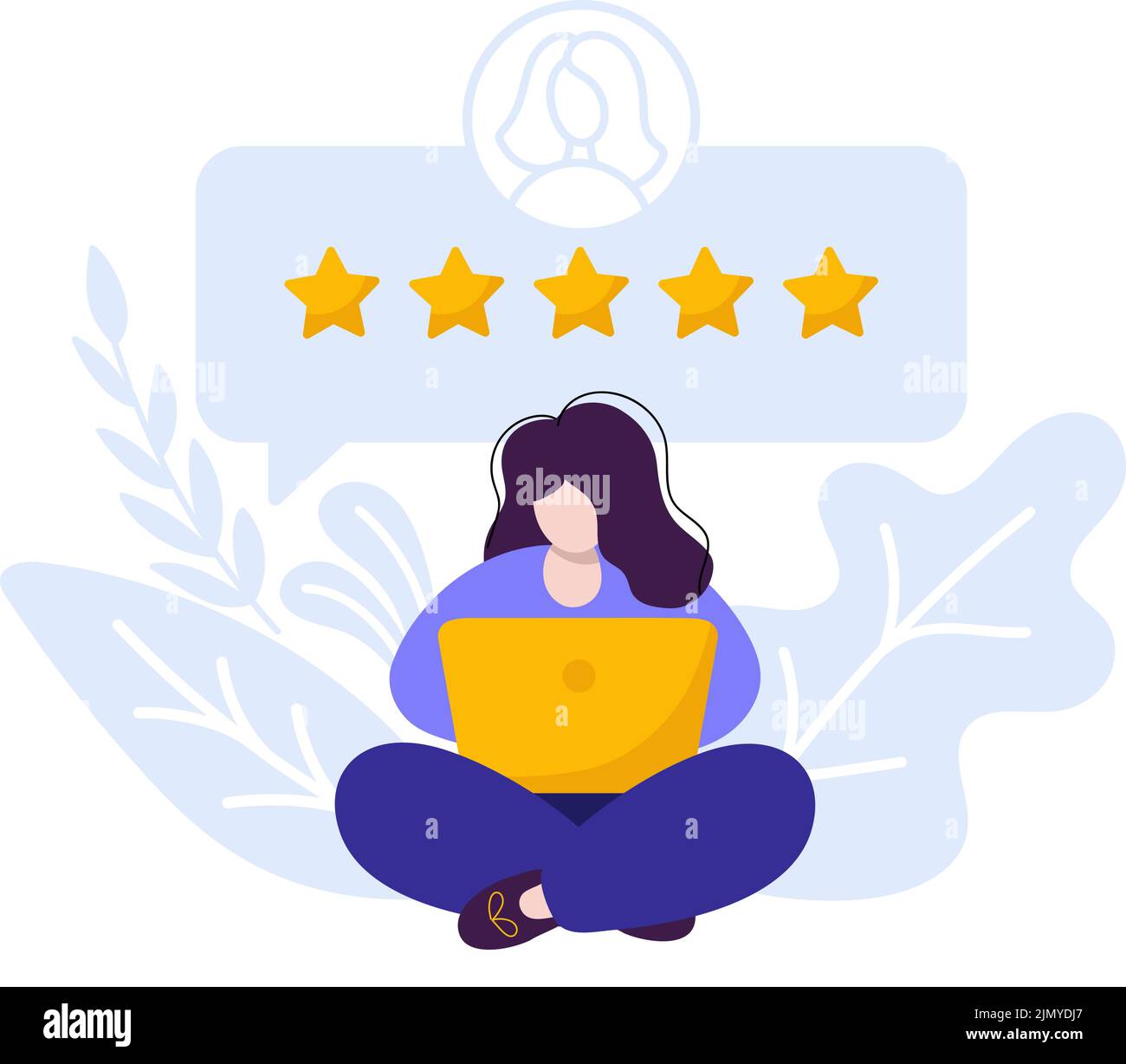 Vector woman with notebook online satisfied customer give rating 5 stars. Flat people feedback illustration by giving 5 stars rating, Online shopping Stock Vector