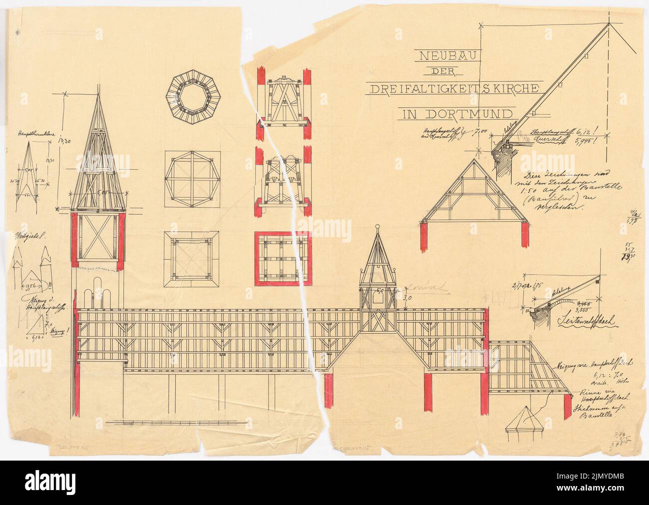 Klomp Johannes Franziskus (1865-1946), Trinity Church (with rectory), Dortmund (1897-1898): View and cut of the roof construction (1: 100), details 1:50. Tusche, pencil watercolored on transparent, 49.3 x 69.5 cm (including scan edges) Stock Photo