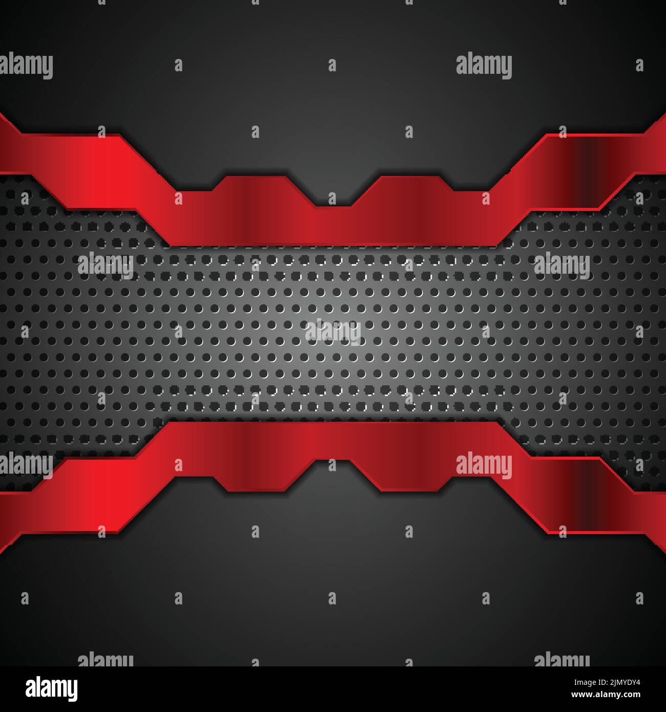 Dark metal perforated background with red glossy stripes. Vector design Stock Vector