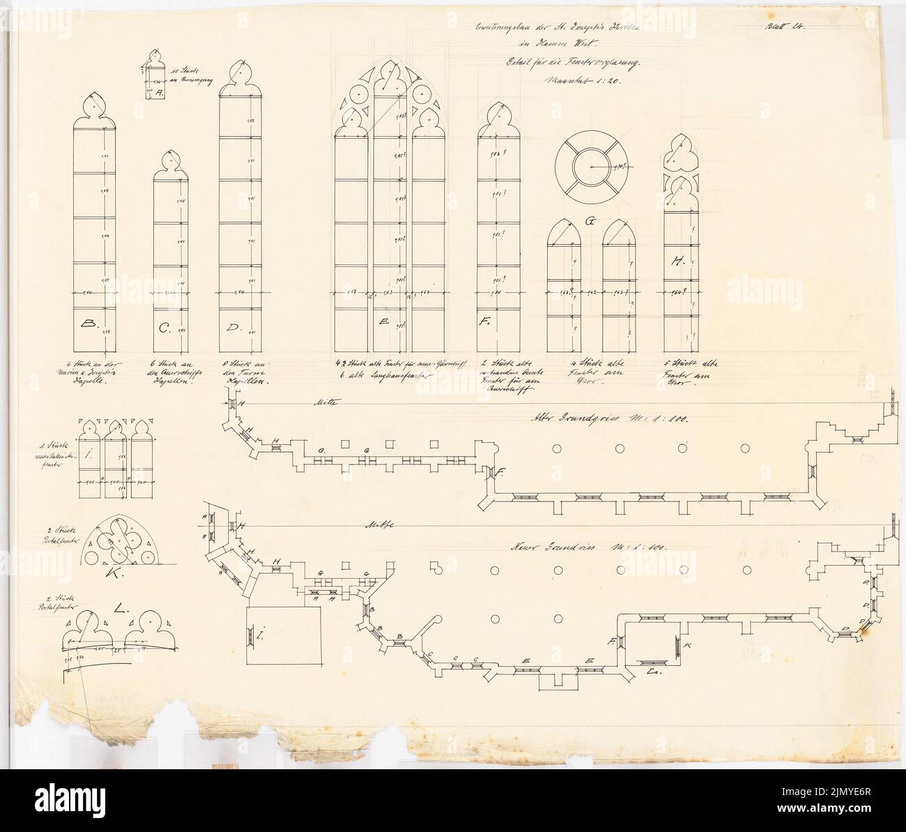 Klomp Johannes Franziskus (1865-1946), expansion of the St. Joseph Church, Hamm (1907-1910): Details for window glazing 1:20, age and new floor plan (excerpts) 1: 100. Ink on transparent, 72.8 x 85.8 cm (including scan edges) Stock Photo