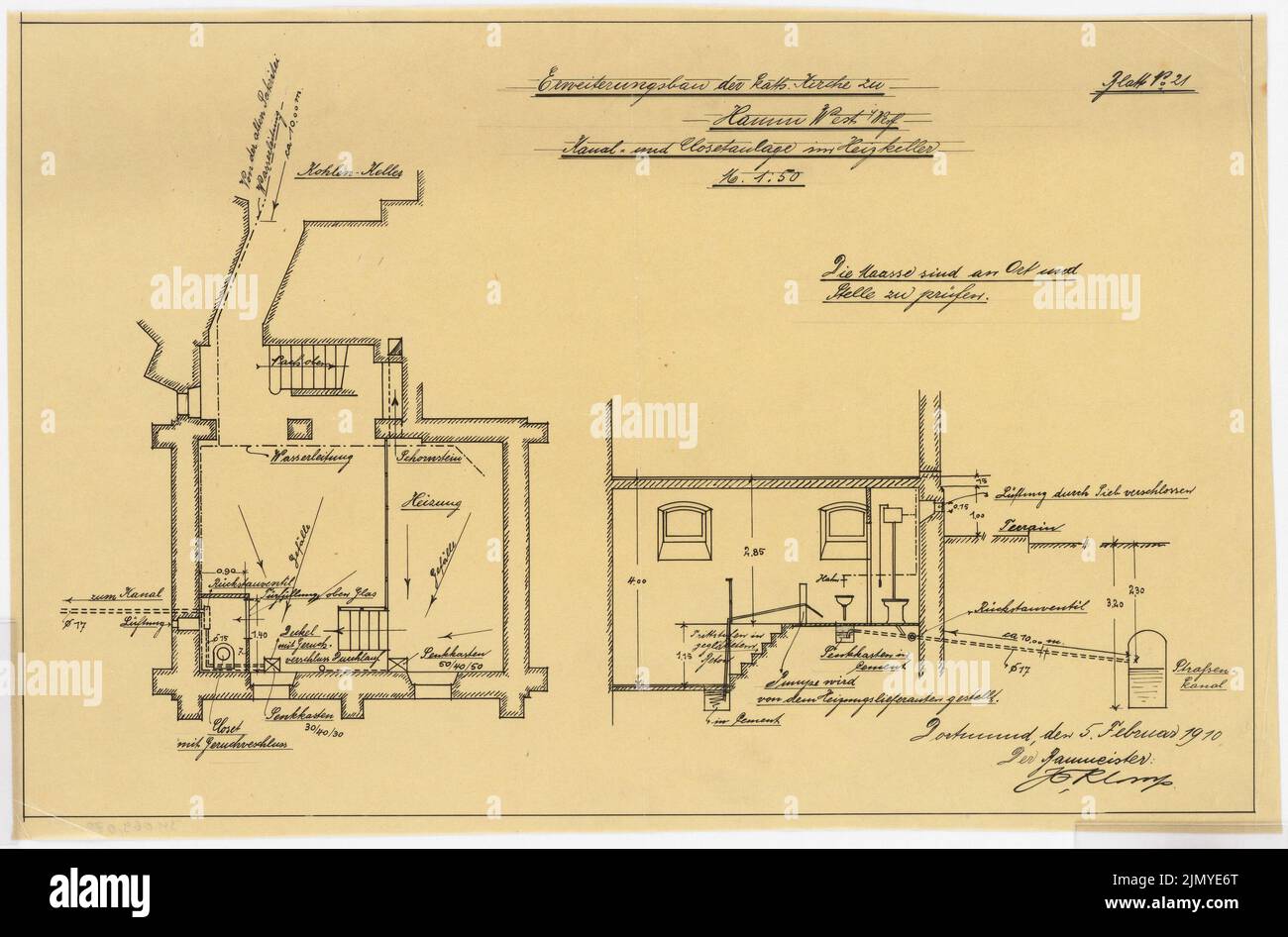 Klomp Johannes Franziskus (1865-1946), expansion of the St. Joseph Church, Hamm (05.02.1910): Canal and toilet facility in the heating cellar, floor plan and average 1:50. Ink on transparent, 32.6 x 49.5 cm (including scan edges) Stock Photo