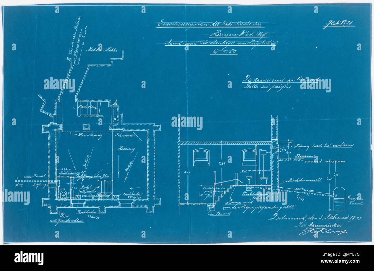 Klomp Johannes Franziskus (1865-1946), expansion of the St. Joseph Church, Hamm (05.02.1910): Canal and toilet facility in the heating cellar, floor plan and average 1:50. Blueprint on paper, 31.4 x 47.9 cm (including scan edges) Stock Photo