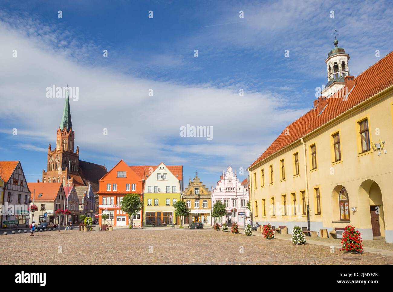 Historic buildings on the central market square of Trzebiatow, Poland Stock Photo