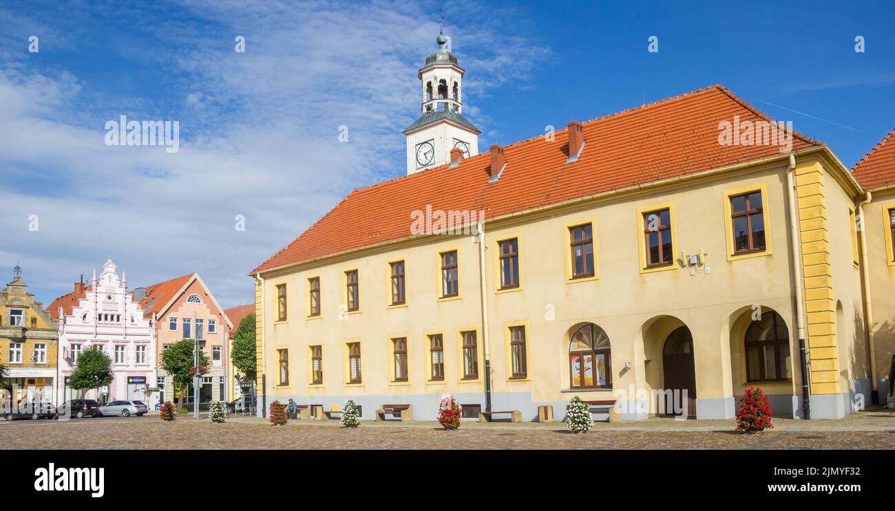 Panorama of the historic buildings on the market square of Trzebiatow, Poland Stock Photo