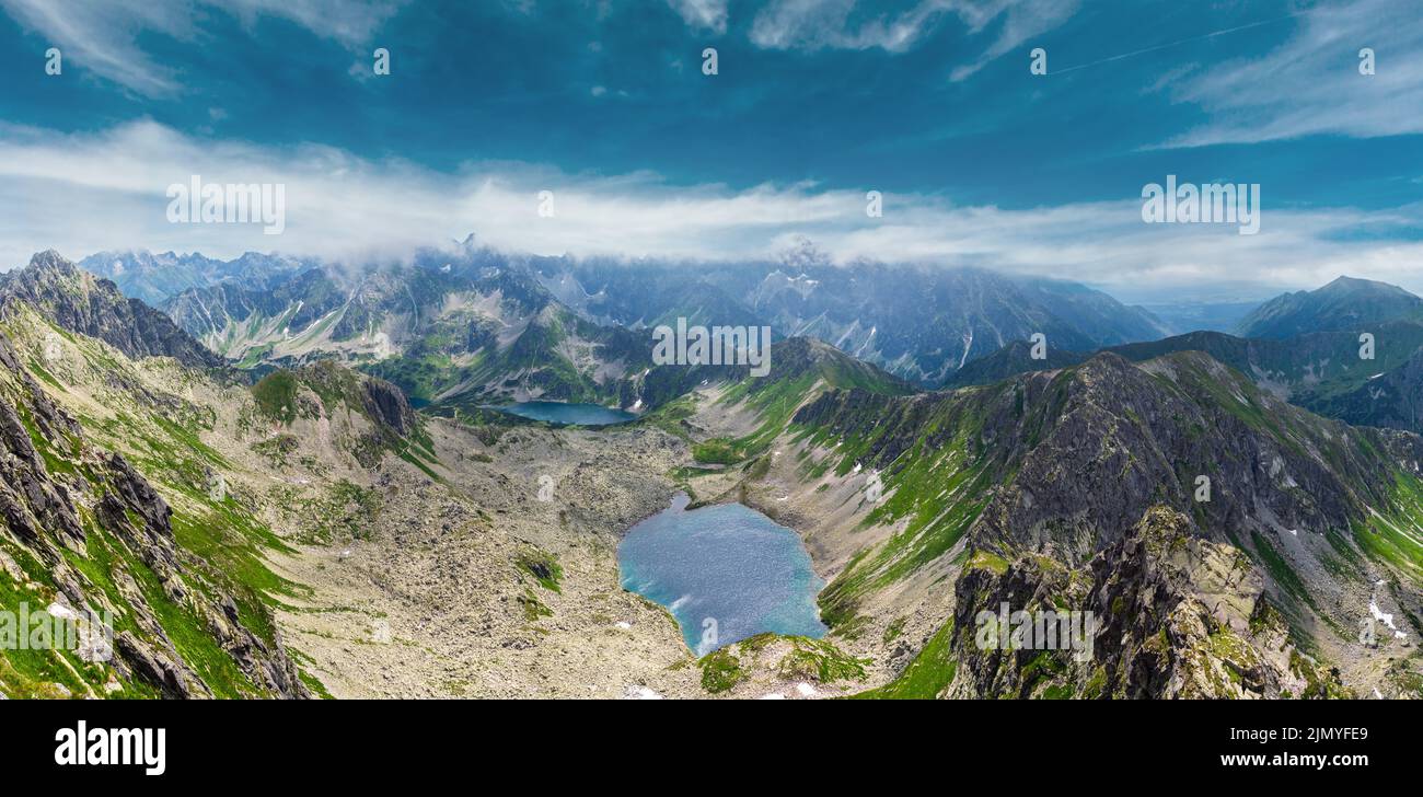 Tatra Mountain view to group of glacial lakes from path Kasprowy Wierch to Swinica mount, Poland. Stock Photo
