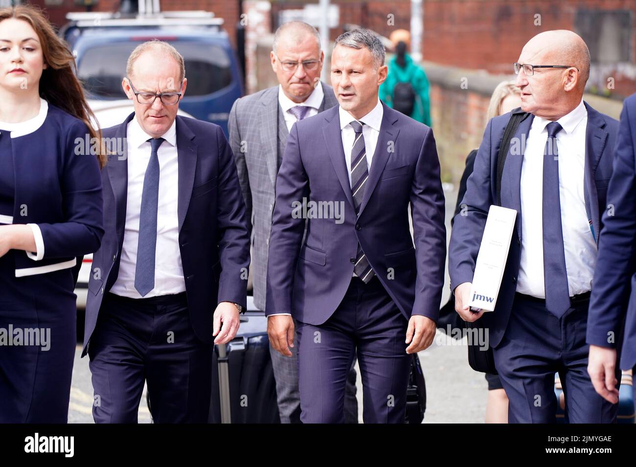 Former Manchester United footballer Ryan Giggs (centre) arriving at Manchester Minshull Street Crown Court where he is accused of controlling and coercive behaviour against ex-girlfriend Kate Greville between August 2017 and November 2020. Picture date: Monday August 8, 2022. Stock Photo
