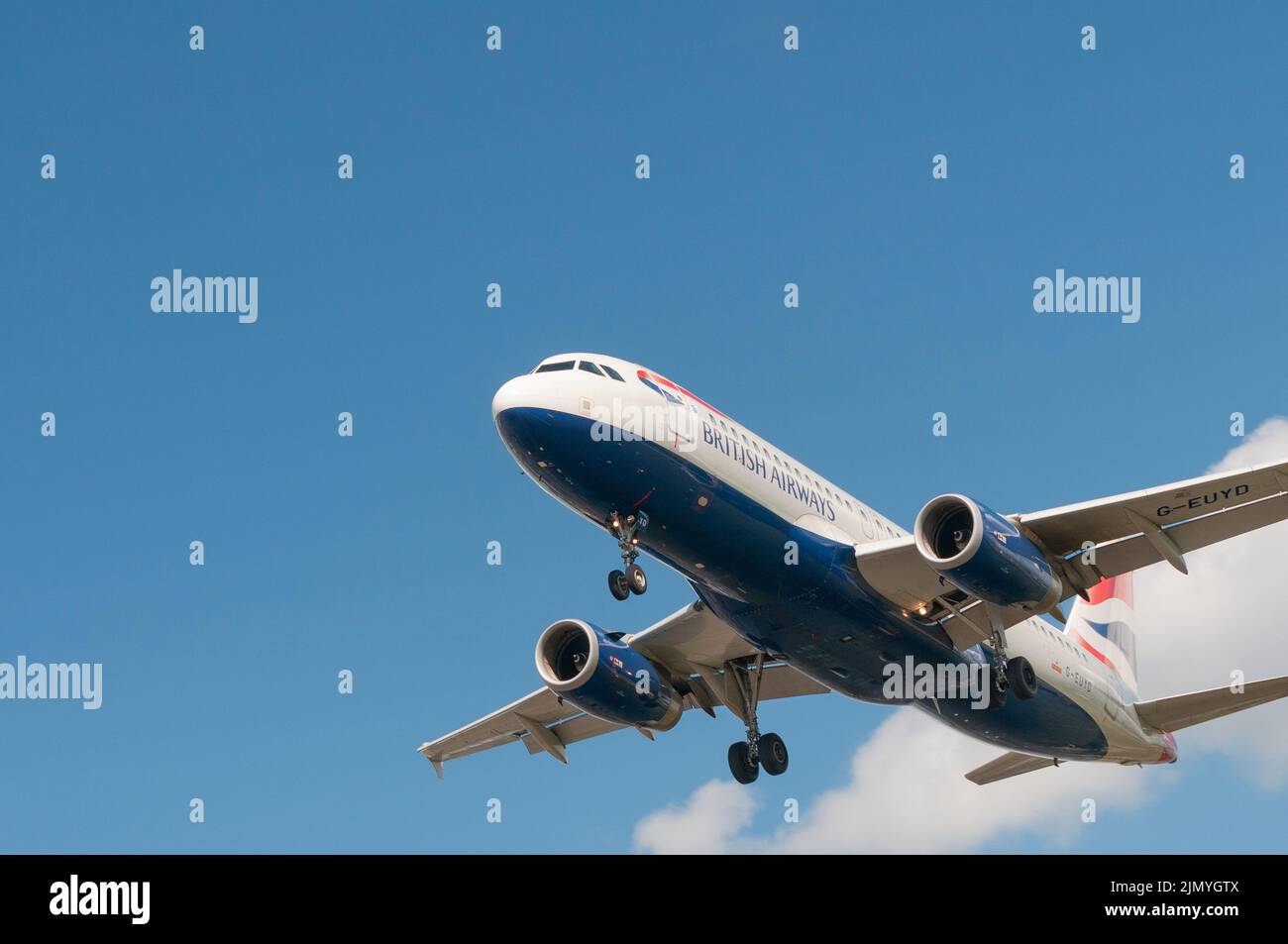 London, UK - August 08, 2022 - British Airways airplane close-up shot while landing at Heathrow airport Stock Photo