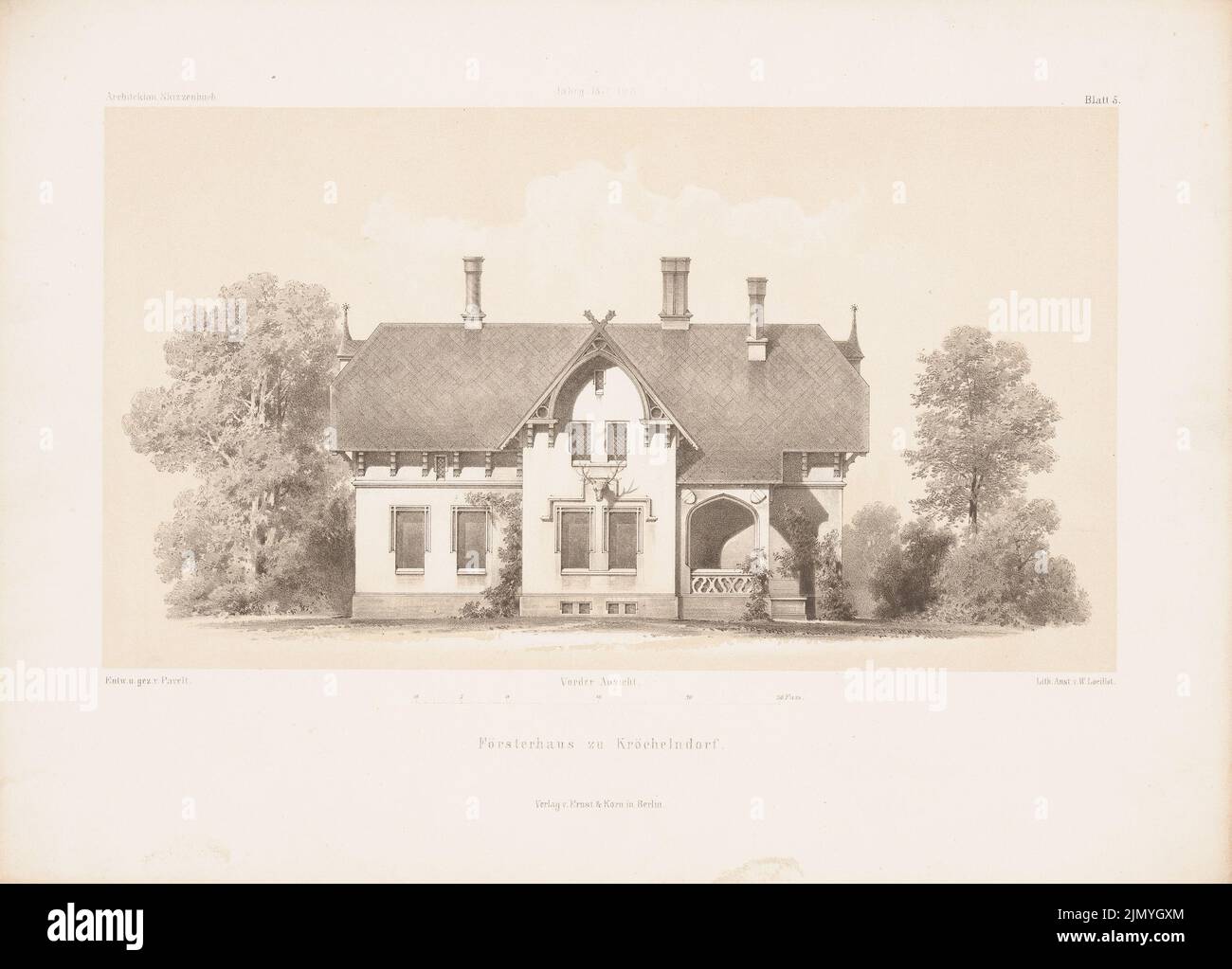Pavel Oliver, Försterhaus, Kröchlendorf. (From: Architectural sketchbook, H. 112/1, 1872.) (1872-1872): View. Lithography colored on paper, 25.2 x 35.1 cm (including scan edges) Stock Photo