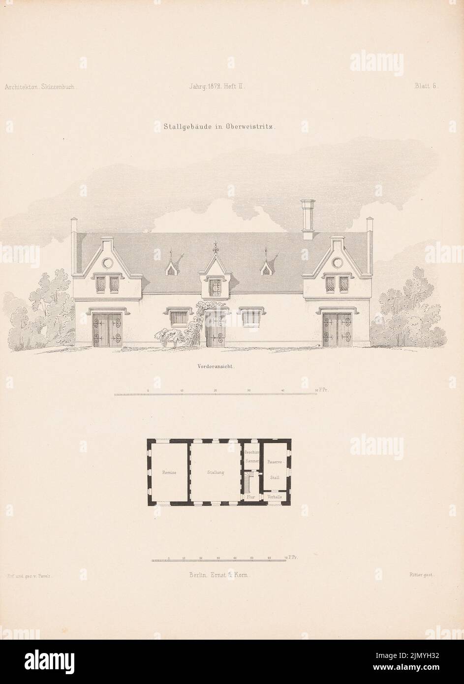 Pavel Oliver, stable building, Oberweistritz. (From: Architectural sketchbook, H. 113/2, 1872.) (1872-1872): floor plan, view from the front. Stitch on paper, 34.9 x 25.3 cm (including scan edges) Stock Photo