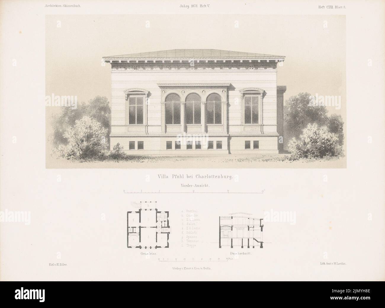 Ziller Hermann (1843-1915), Villa Pfuhl, Berlin-Charlottenburg. (From: Architectural sketchbook, H.122/5, 1873.) (1873-1873): floor plan, view from the front, cut. Lithography colored on paper, 25.2 x 34.6 cm (including scan edges) Stock Photo