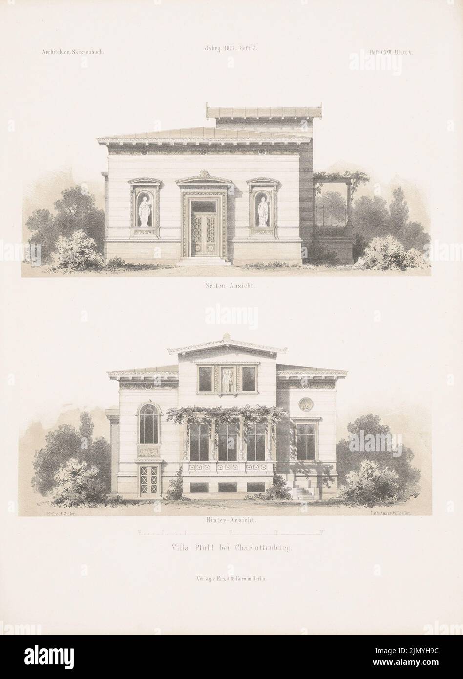 Ziller Hermann (1843-1915), Villa Pfuhl, Berlin-Charlottenburg. (From: Architectural sketchbook, H.122/5, 1873.) (1873-1873): View from behind, side view. Lithography colored on paper, 34.1 x 24.8 cm (including scan edges) Stock Photo