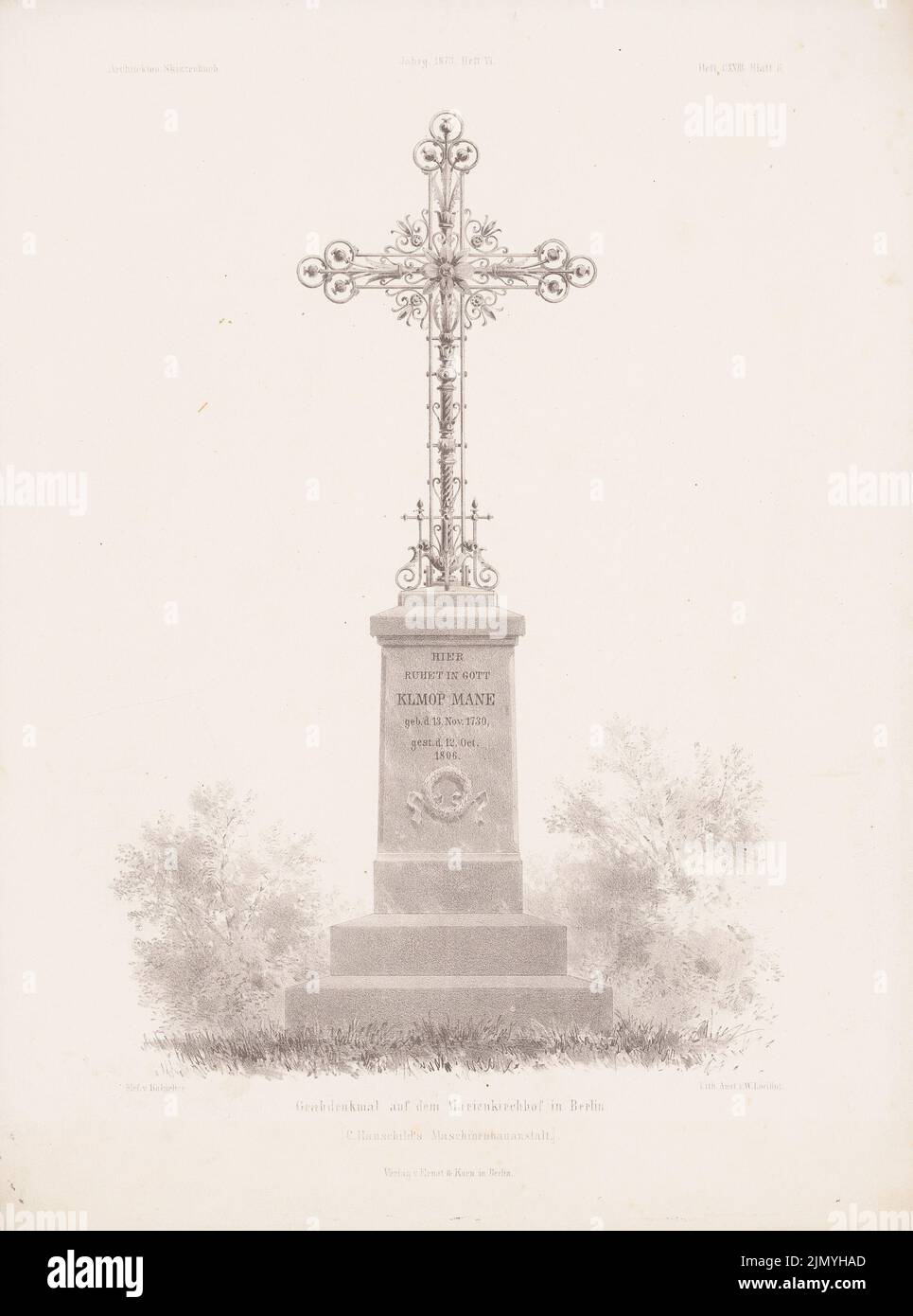 Kolscher Bernhard (1834-1868), grave monument at the Marienkirchhof, Berlin. (From: Architectural sketchbook, H. 123/6, 1873.) (1873-1873): View. Lithograph on paper, 35.7 x 26.5 cm (including scan edges) Stock Photo