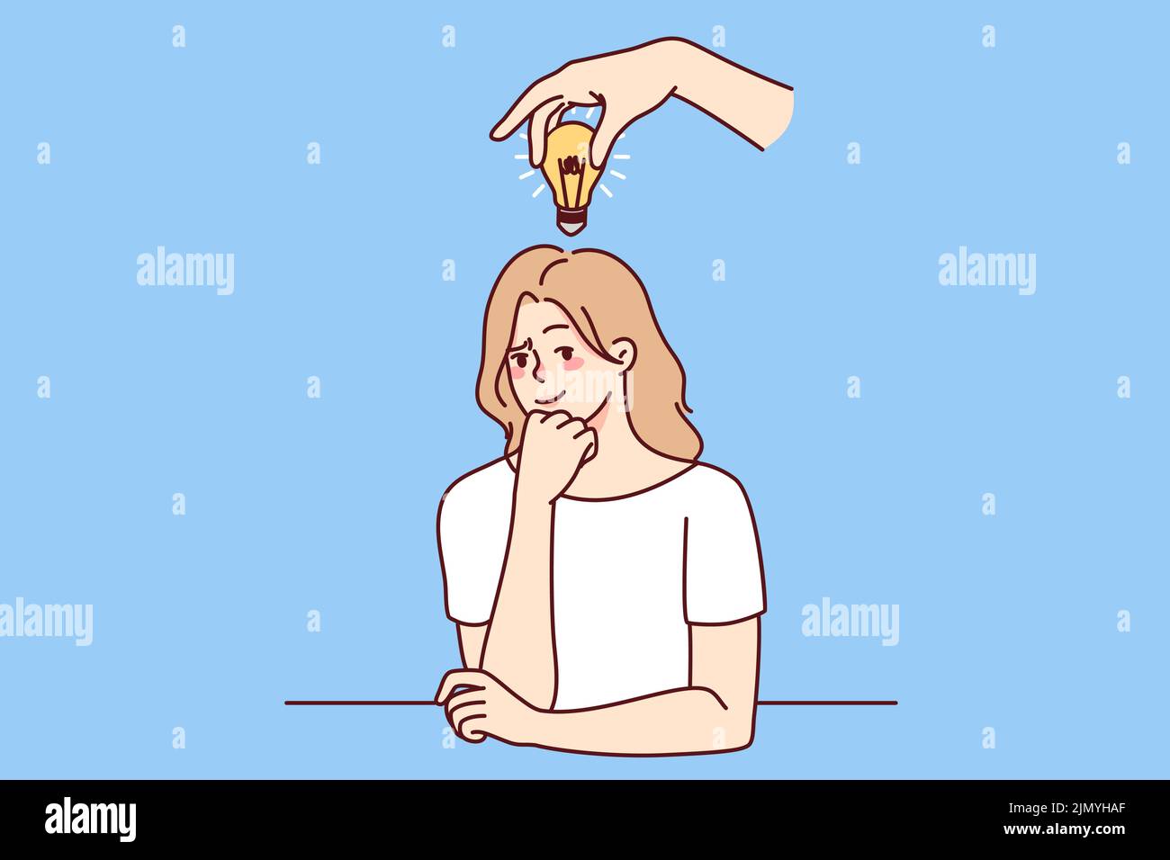 Frustrated woman with lightbulb above head thinking making solution. Consumed pensive businesswoman generate creative innovative idea. Vector illustration.  Stock Vector