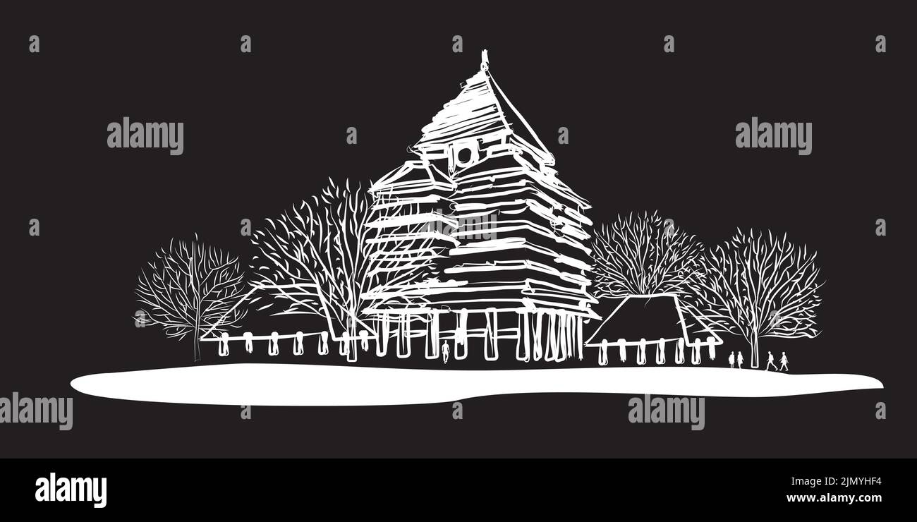 Freehand sketch of the Rectorate Building of a famous public university in the city of Depok, West Java, Indonesia Stock Vector