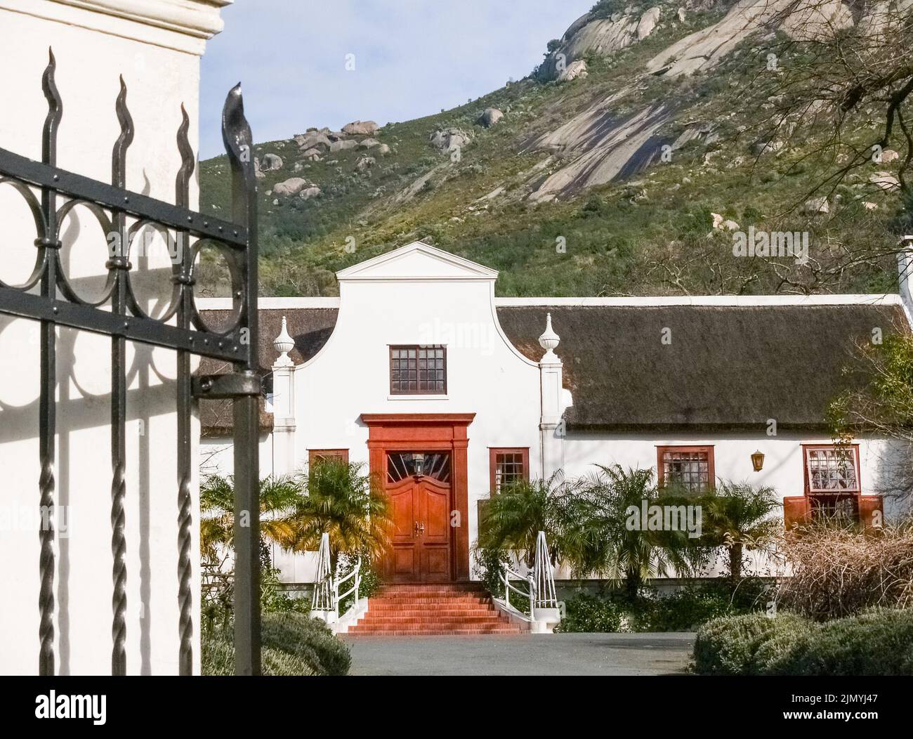 Stylish building facade in Cape Dutch architectural style in South Africa. Stock Photo