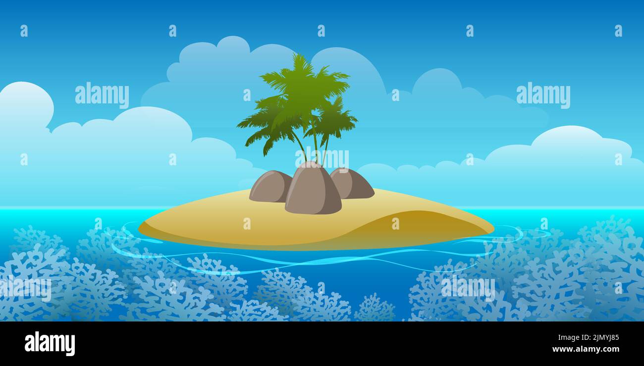 Tropical Island with Palm trees and Coral Reef in the Ocean. Vector illustration - Stock Image