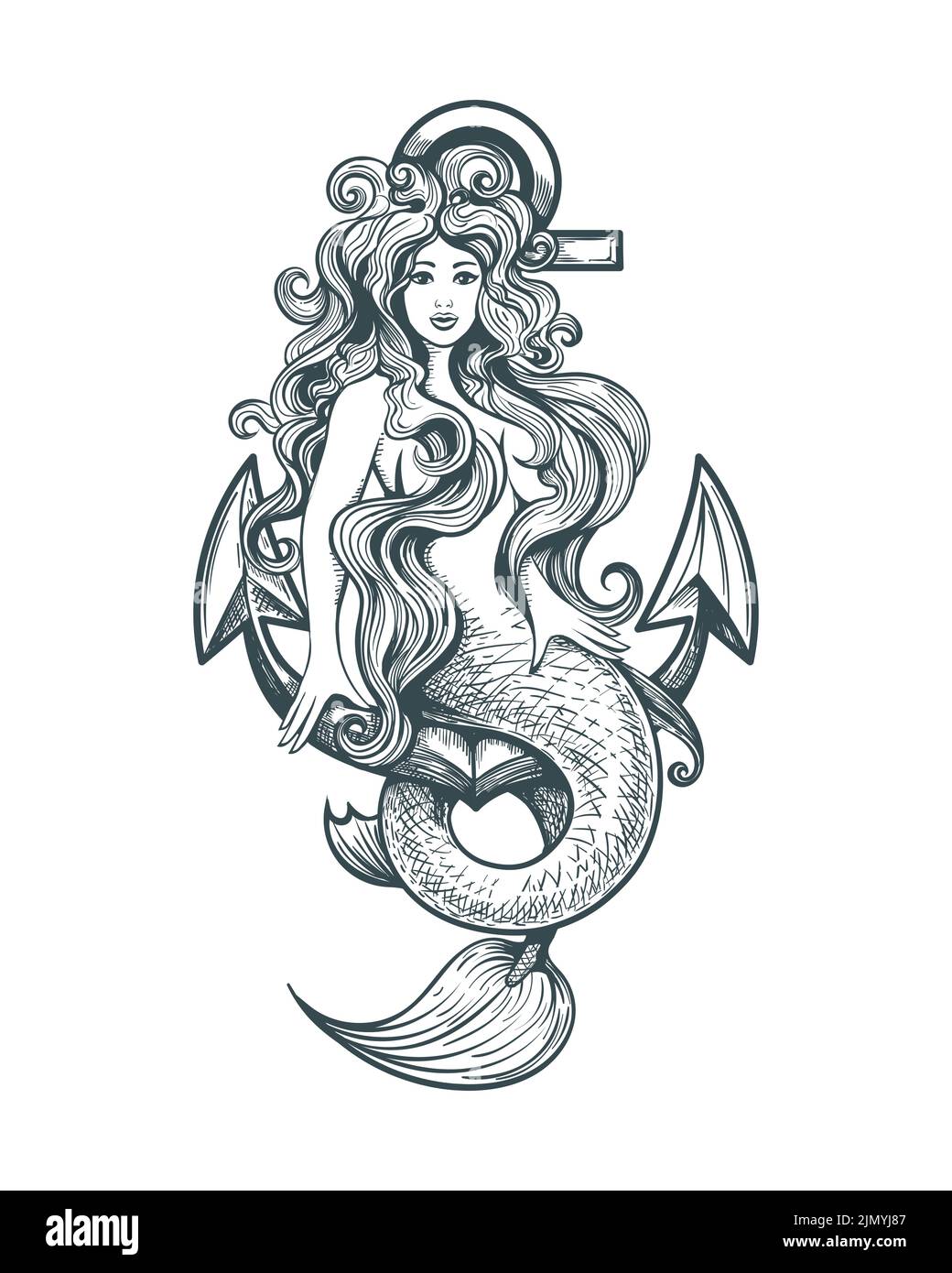 Tattoo of Mermaid on Anchor in Retro Style isolated on white vector illustration - Stock Image