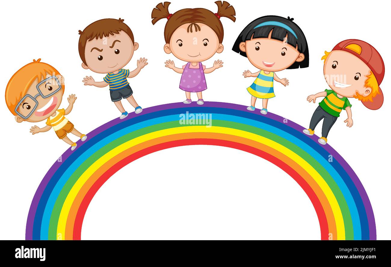 Set of happy children standing on rainbow illustration Stock Vector ...