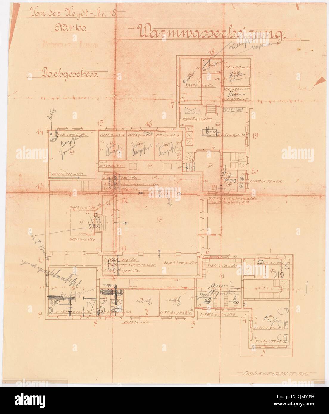 Böhmer Franz (1907-1943), Villa von der Heydt in Berlin-Tiergarten. Conversion (10.1919): floor plan attic plan hot water heating 1: 100. Pencil over light break on paper, 51.8 x 44 cm (including scan edges) Stock Photo