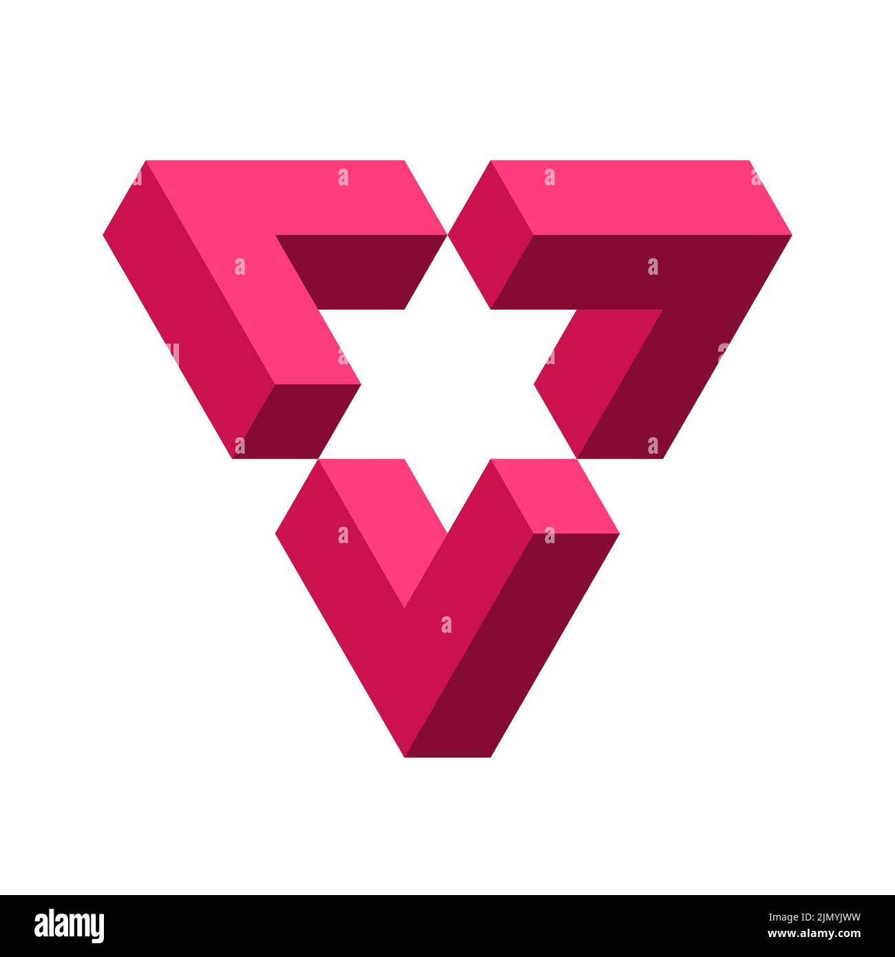 Impossible red triangle. Penrose shape. Esher geometric object. Optical illusion visual effect. Logo template made of three symmetric parts with star. Stock Vector