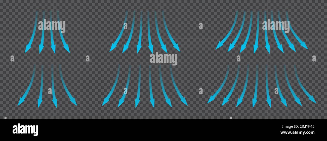 Air flow. Set of blue arrows showing direction of air movement. Wind ...