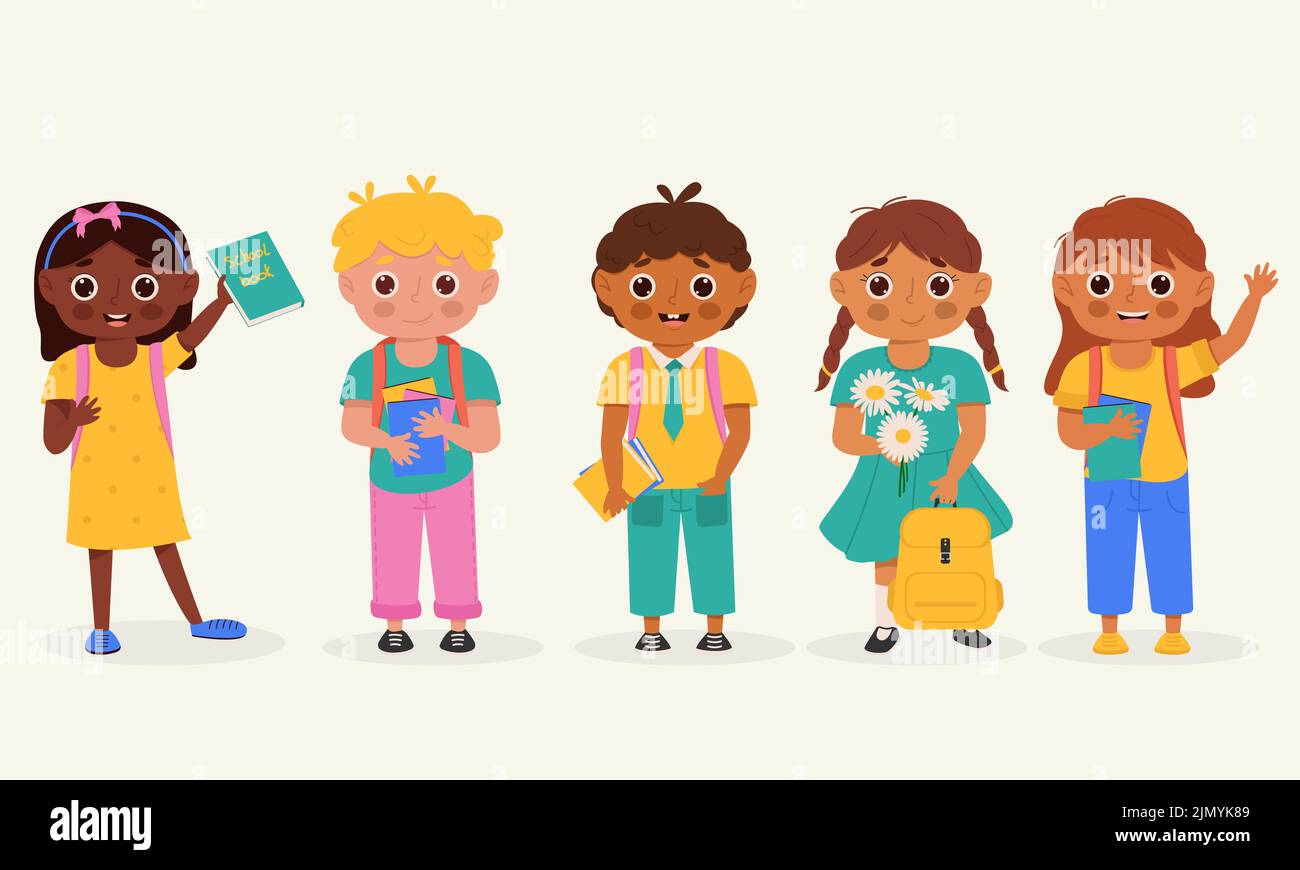 Set of school kids with school supplies. Kids with backpack and book