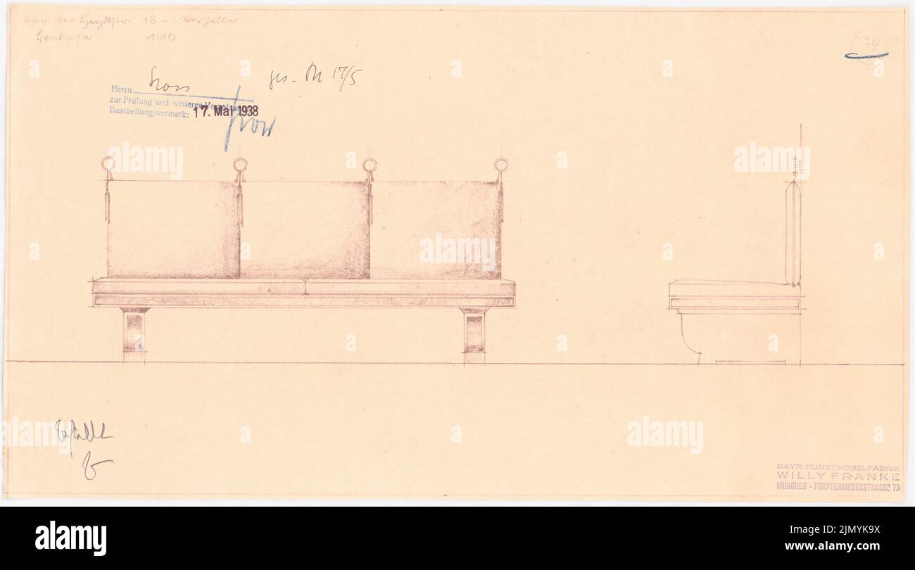 Böhmer Franz (1907-1943), Villa von der Heydt in Berlin-Tiergarten. Conversion (May 17, 1938): Bank sofa in the porch: View, cut 1:10. Light break on paper, 25 x 45.2 cm (including scan edges) Stock Photo