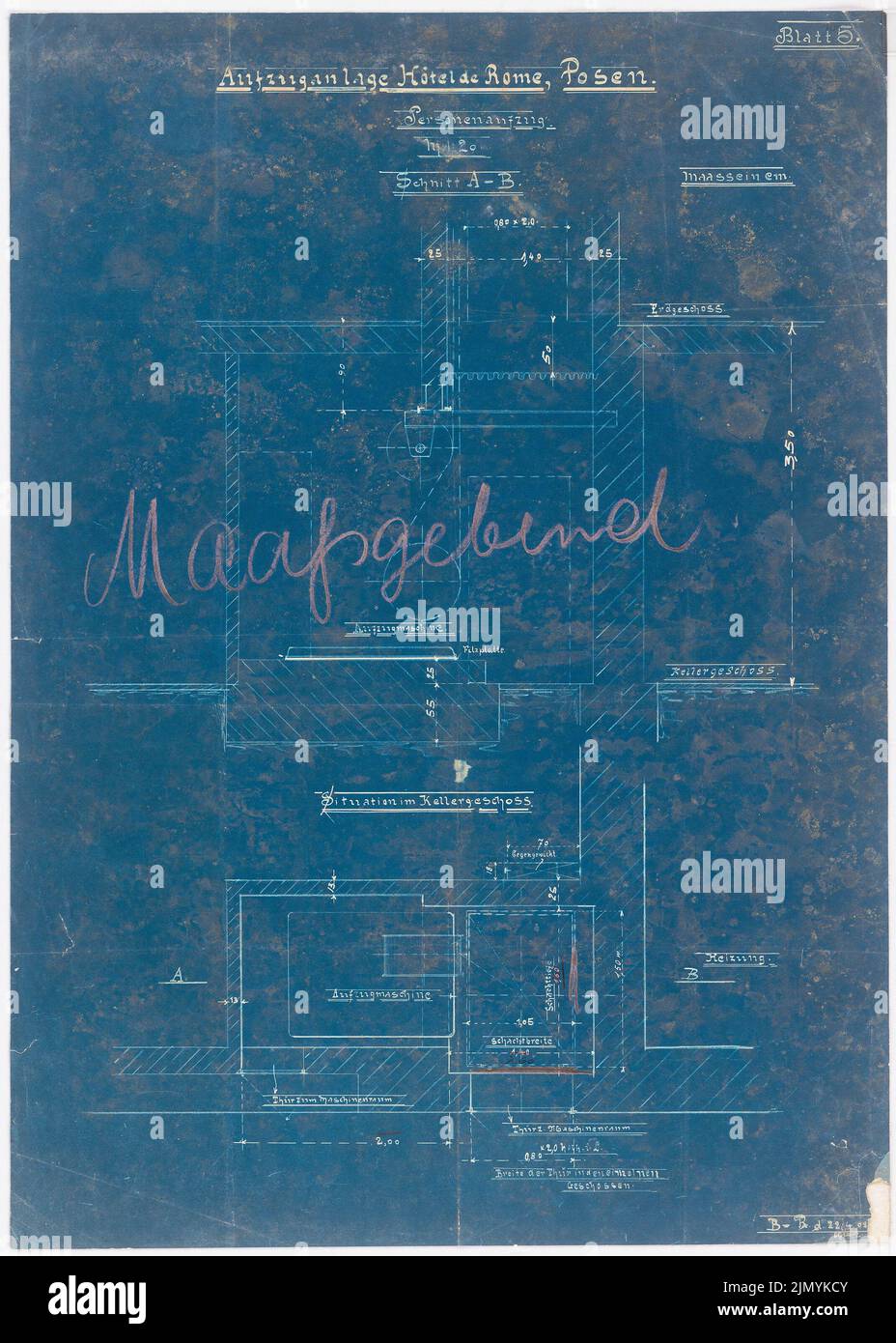 Unknown Architect, Park Hotel in Poznan (April 22, 1902): Elevation of the personnel elevator: cuts basement and ground floor 1:20. Colored pencil over blueprint on paper, 59.9 x 42.8 cm (including scan edges) Stock Photo