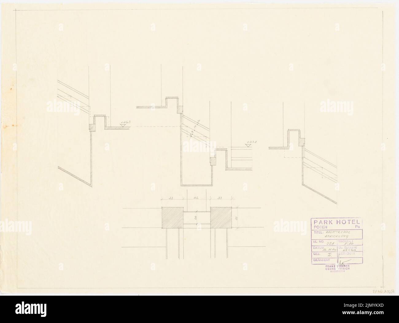 Böhmer Franz (1907-1943), Park Hotel in Pozen (November 12, 1940): Hauptstairpe, processing: cuts 1:10. Pencil on transparent, 45.5 x 61.4 cm (including scan edges) Stock Photo