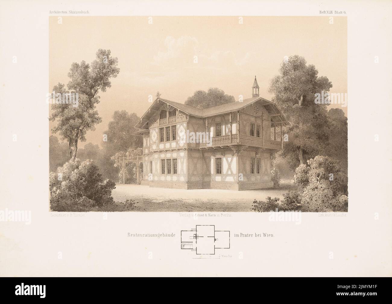 Tischler R., Restoration Building in Prater, Vienna. (From: Architectural sketchbook, H. 44/1, 1860.) (1860-1860): floor plan, perspective view. Lithography colored on paper, 24.6 x 34.7 cm (including scan edges) Stock Photo