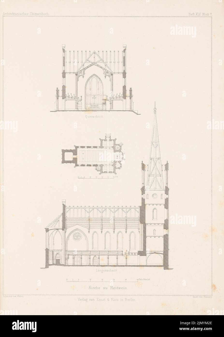 Stüler August (1800-1865), church in Reitwein. (From: Architectural sketchbook, H. 45/2, 1860.) (1860-1860): floor plan, cross-section, longitudinal section. Stitch on paper, 34.7 x 24.7 cm (including scan edges) Stock Photo