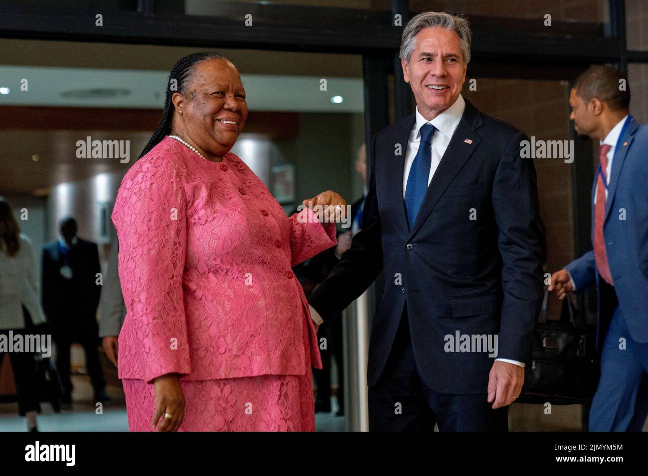 U.S. Secretary of State Antony Blinken is greeted by South Africa's Foreign Minister Naledi Pandor as he arrives for a meeting at the South African Department of International Relations and Cooperation in Pretoria, South Africa, August 8, 2022. Andrew Harnik/Pool via REUTERS Stock Photo