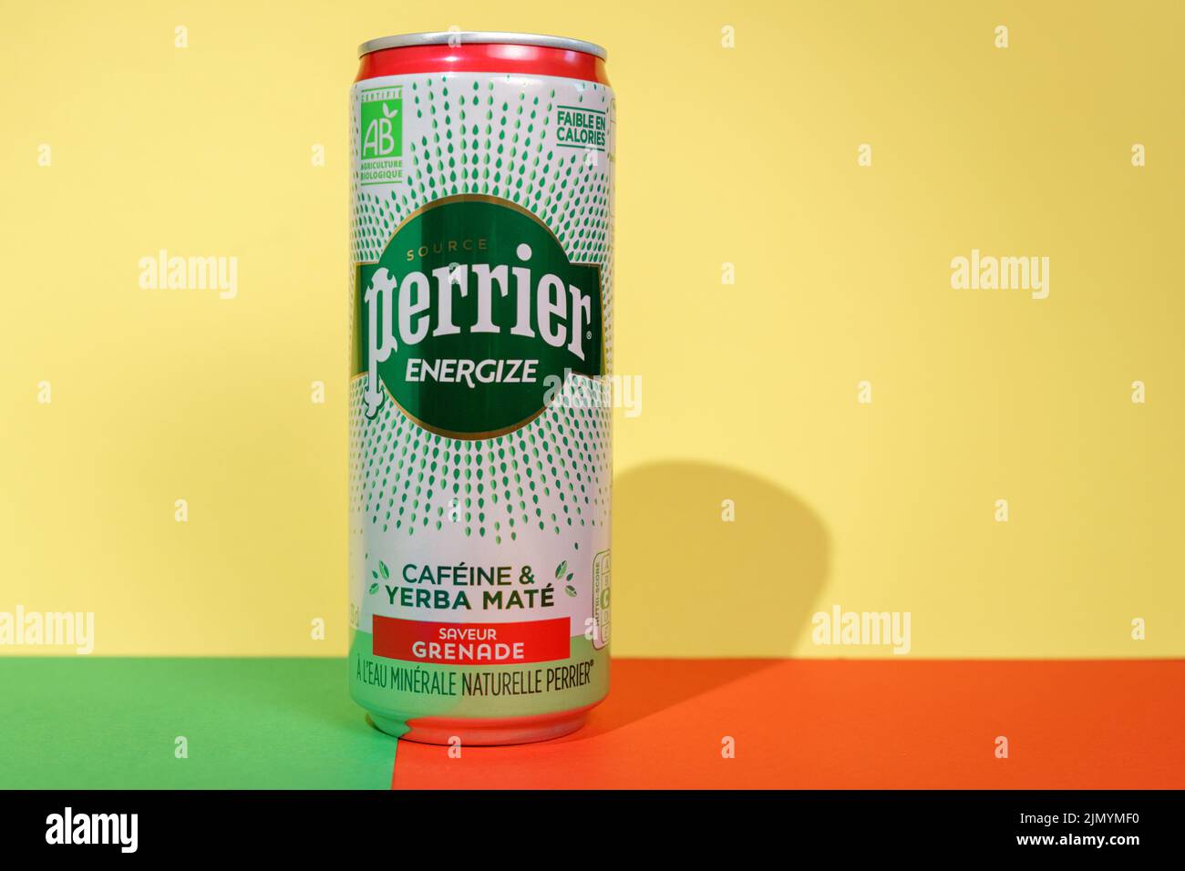 Tyumen, Russia-June 30, 2022: Perrier is a French brand of premium mineral water, energize caffeine yerba mate. French brand of premium mineral water Stock Photo