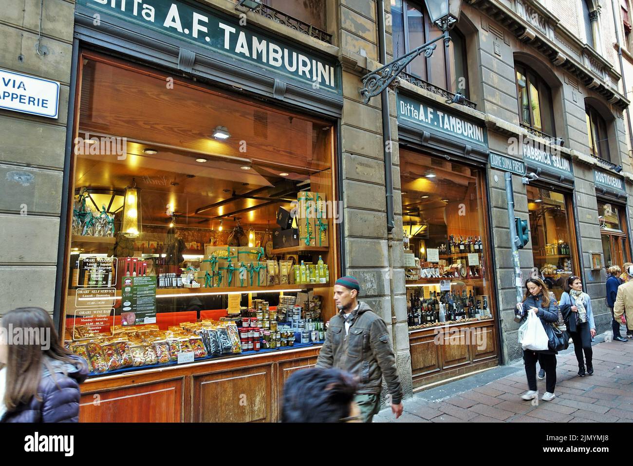 Tamburini food shop windows, Bologna, Emilia Romagna, Italy, Europe Stock Photo