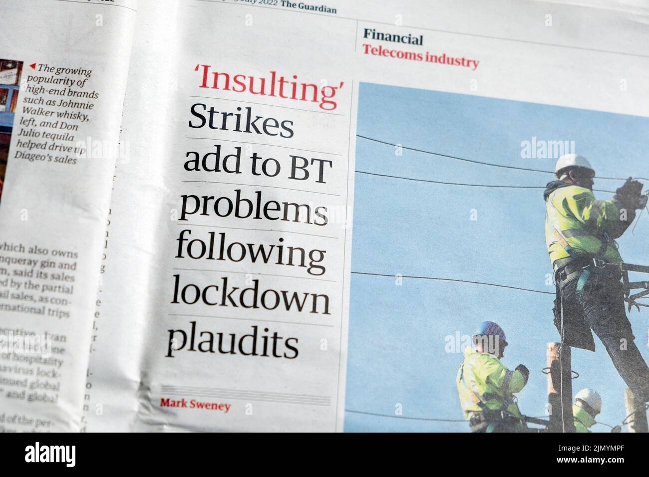 'Insulting' 'Strikes add to BT problems following lockdown plaudits' Guardian newspaper BT strike Financial article 29 July 2022 London England UK Stock Photo