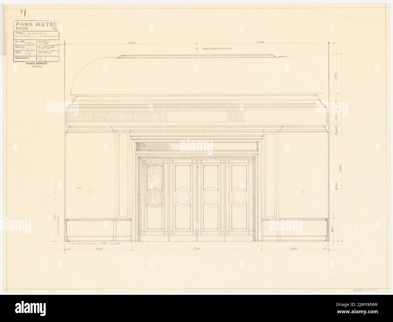 Böhmer Franz (1907-1943), Park Hotel in Poznan (February 17, 1941): ballroom, cross wall with the main entrance: View 1:20. Pencil on transparent, 50.9 x 67.8 cm (including scan edges) Stock Photo