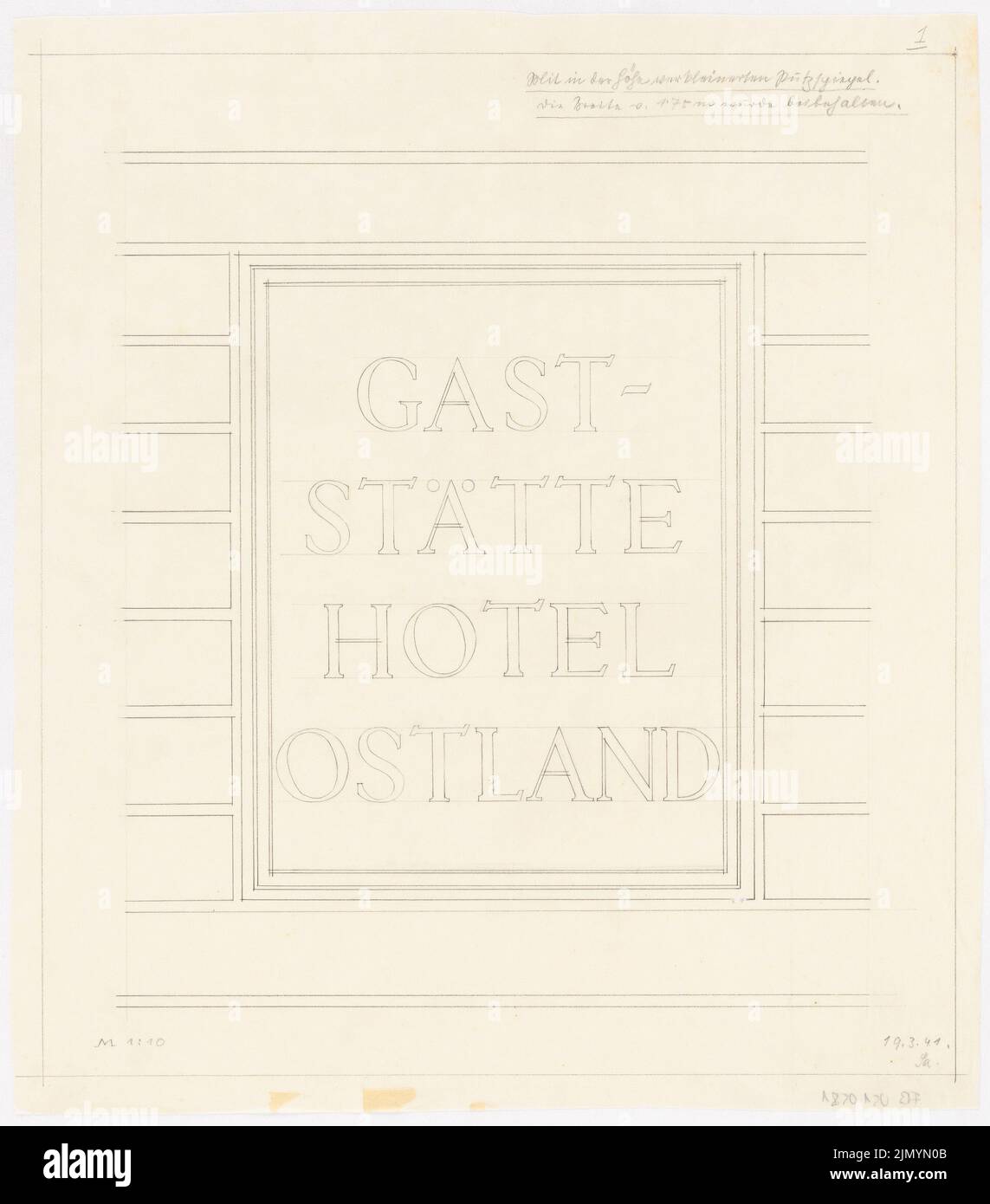 Böhmer Franz (1907-1943), Park Hotel in Posen (March 19, 1941): Restaurant sign 1:10. Pencil on transparent, 45.8 x 40.3 cm (including scan edges) Stock Photo