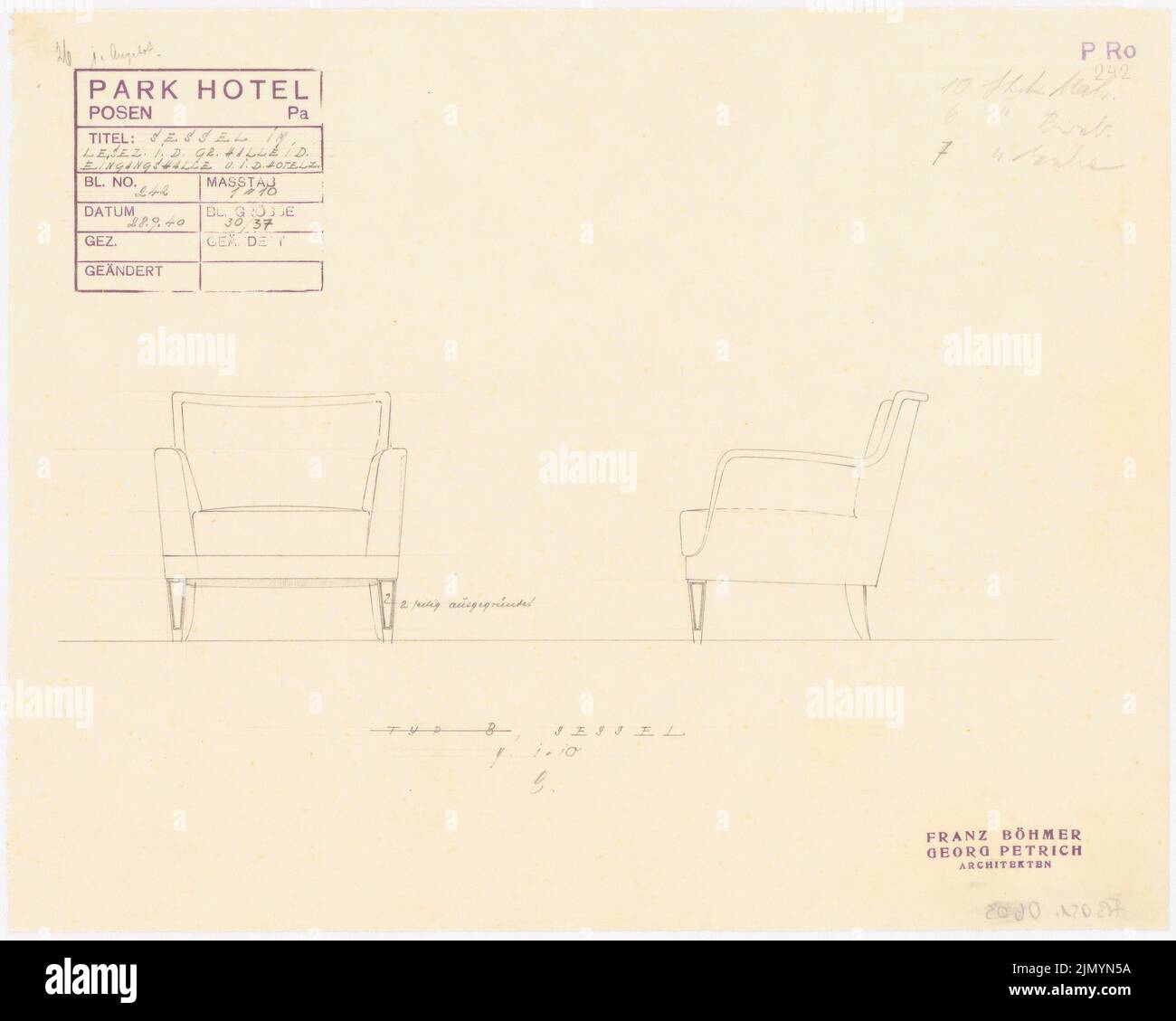 Böhmer Franz (1907-1943), Park Hotel in Posen (28.09.1940): Armchair in the reading room in the large Halle in the entrance hall and the hotel rooms 1:10. Pencil on transparent, 30.3 x 37.8 cm (including scan edges) Stock Photo