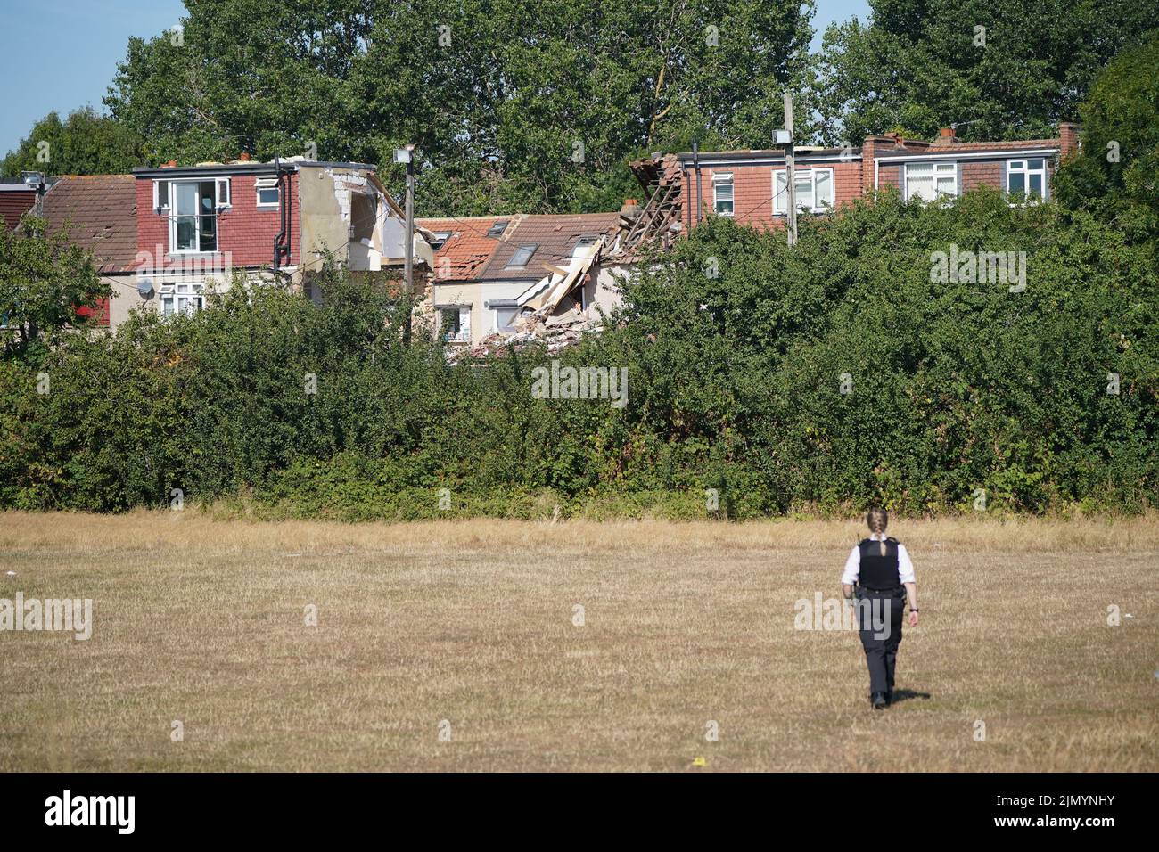 Emergency services at the scene in Galpin's Road in Thornton Heath, south London, where the London Fire Brigade (LFB) report that a house has collapsed amid a fire and explosion. Picture date: Monday August 8, 2022. Stock Photo