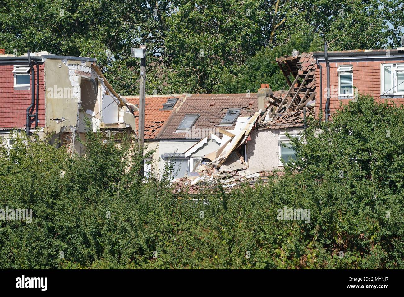 The scene in Galpin's Road in Thornton Heath, south London, where the London Fire Brigade (LFB) report that a house has collapsed amid a fire and explosion. Picture date: Monday August 8, 2022. Stock Photo