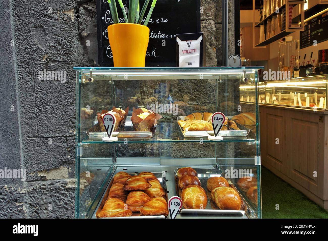 Bread display in glass counter, Naples, Campania, Italy, Europe Stock