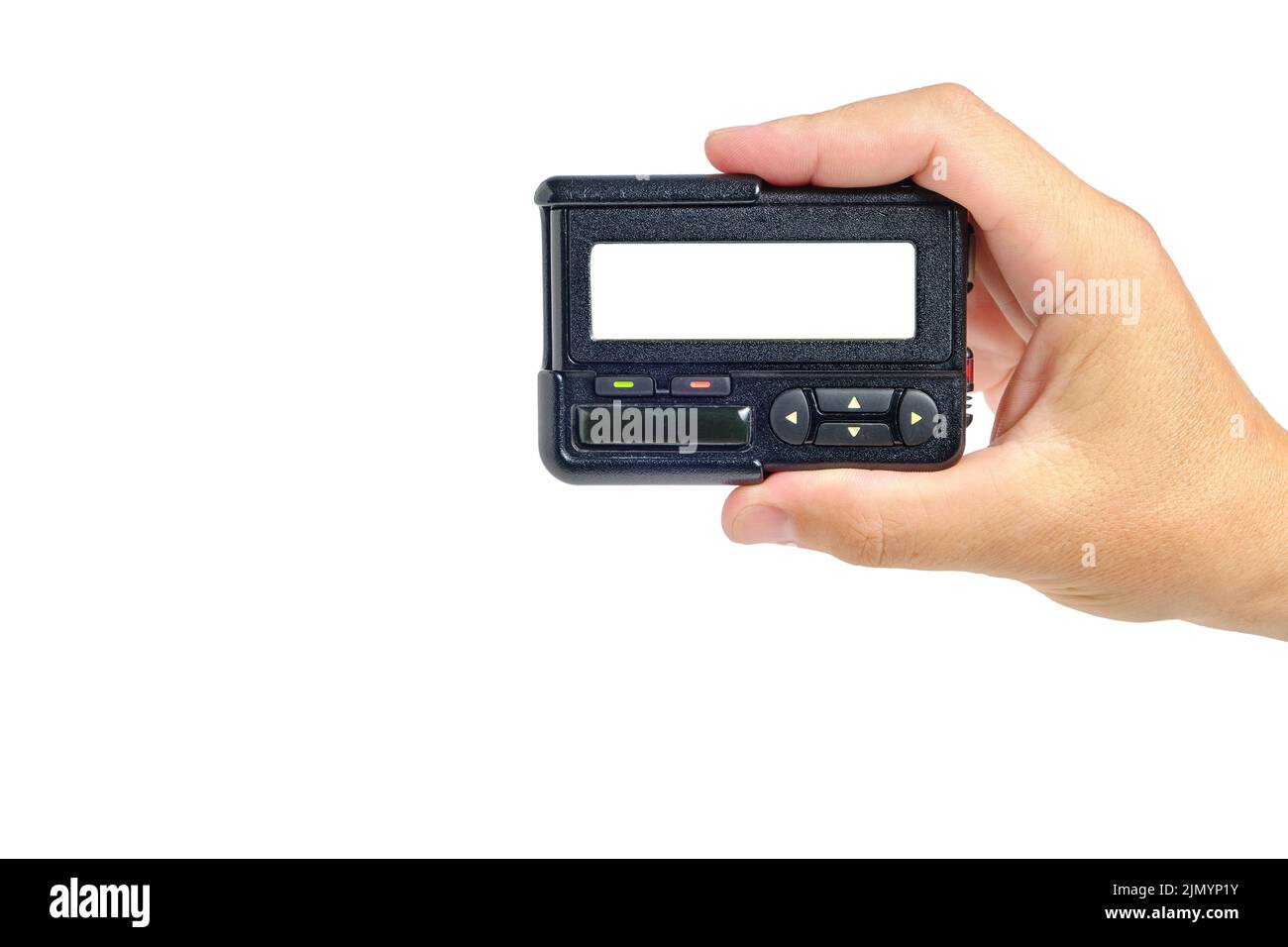Hand with pager white background with an empty space for inscription Stock Photo