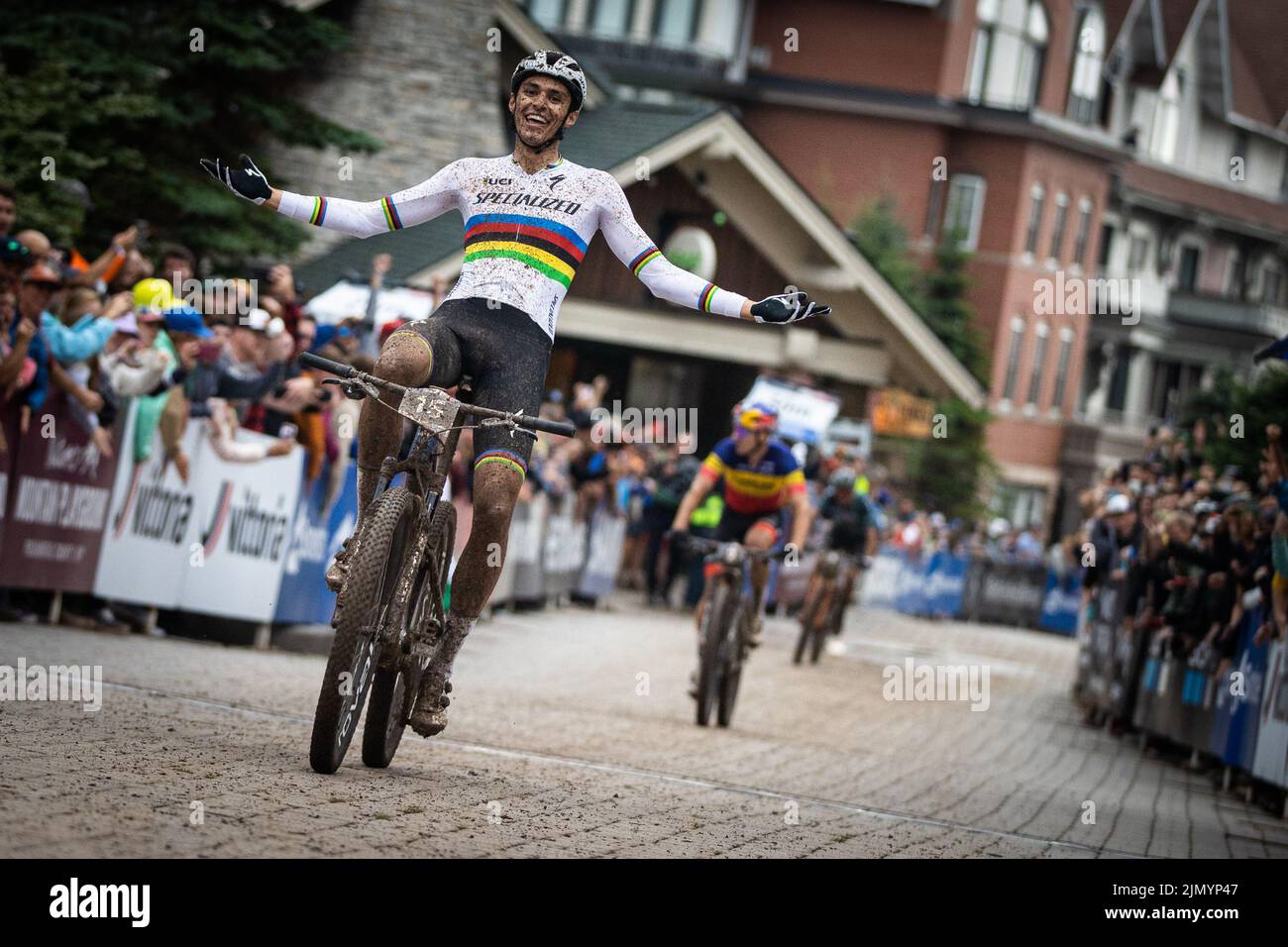 Biker Christopher Blevins of USA celebrates victory after the Mercedes Benz UCI Mountain Bike World Cup short-track ride in Snowshoe, West Viriginia, Stock Photo