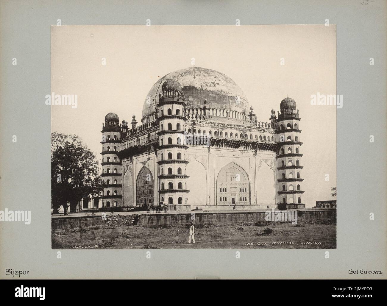 Clifton & Co., Gol Gumbaz, Bijapur (without Dat.): View of the quadratic dome building flanked by octagonal corner towers with keel arch portals, built in 1659, Mausoleum by Mohamed Adil Shah (1626-. Photo, 23.6 x 32.7 cm ( including scan edges) Stock Photo