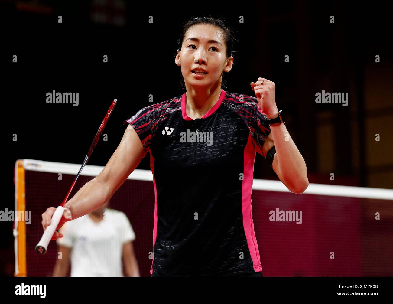 Commonwealth Games - Badminton - Women's Singles - Gold Medal Match -The NEC Hall 5, Birmingham, Britain - August 8, 2022 Canada's Michelle Li reacts during the final REUTERS/Jason Cairnduff Stock Photo