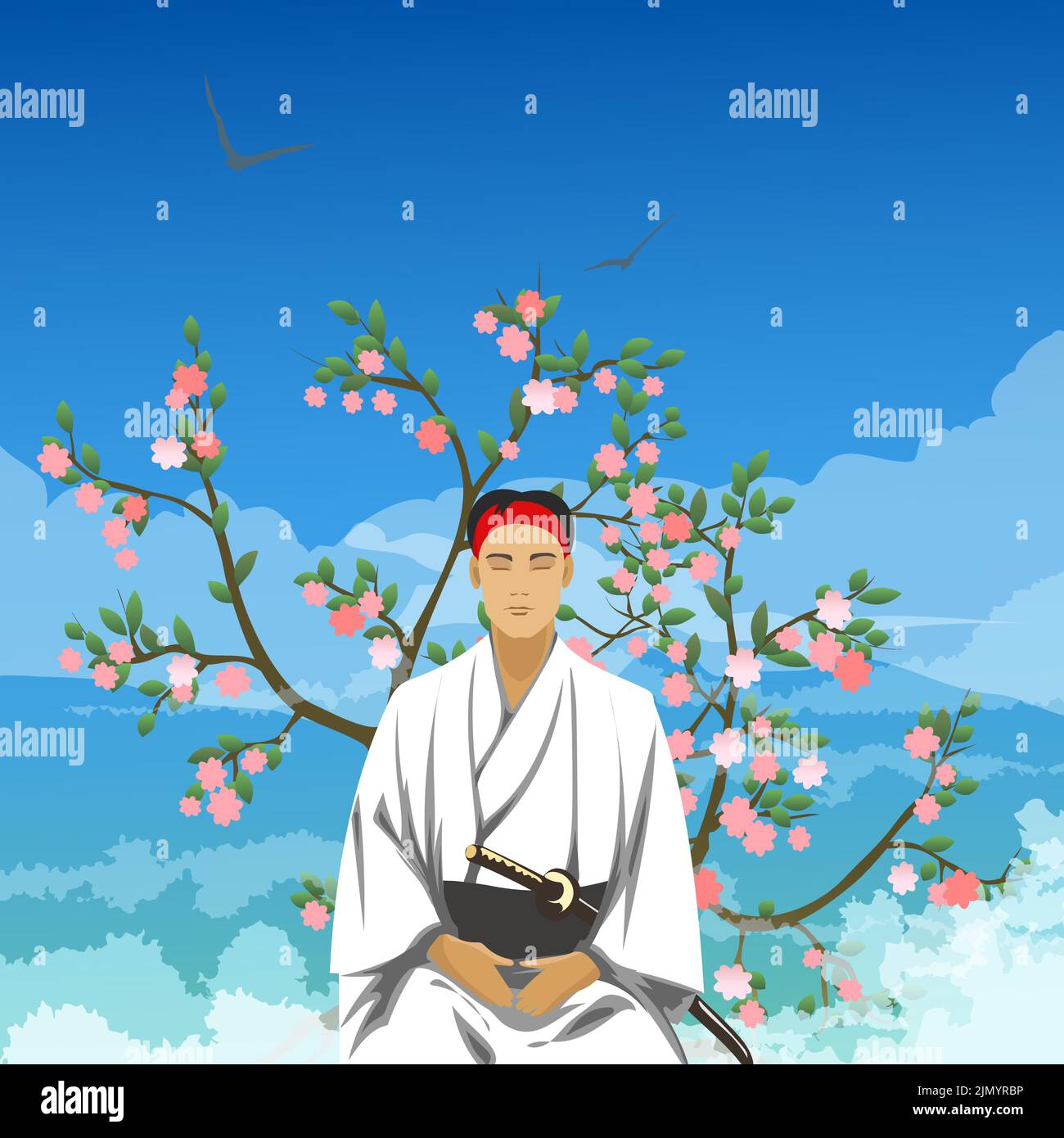 Samurai Meditating in a Cherry Garden. Cartoon style Vector illustration - Stock Image