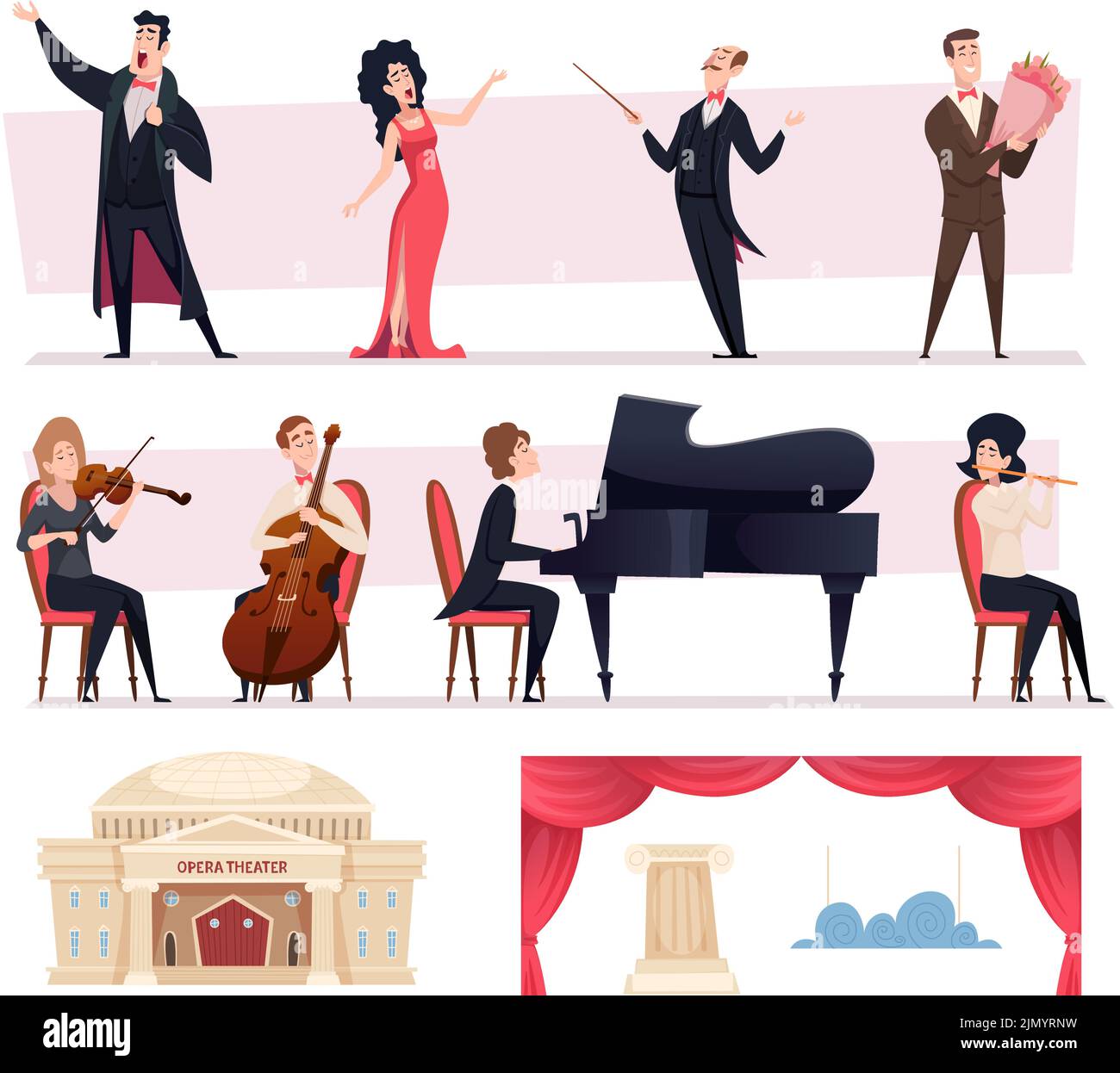 Opera singers. Cartoon characters of music band for theatrical events exact vector opera templates set Stock Vector