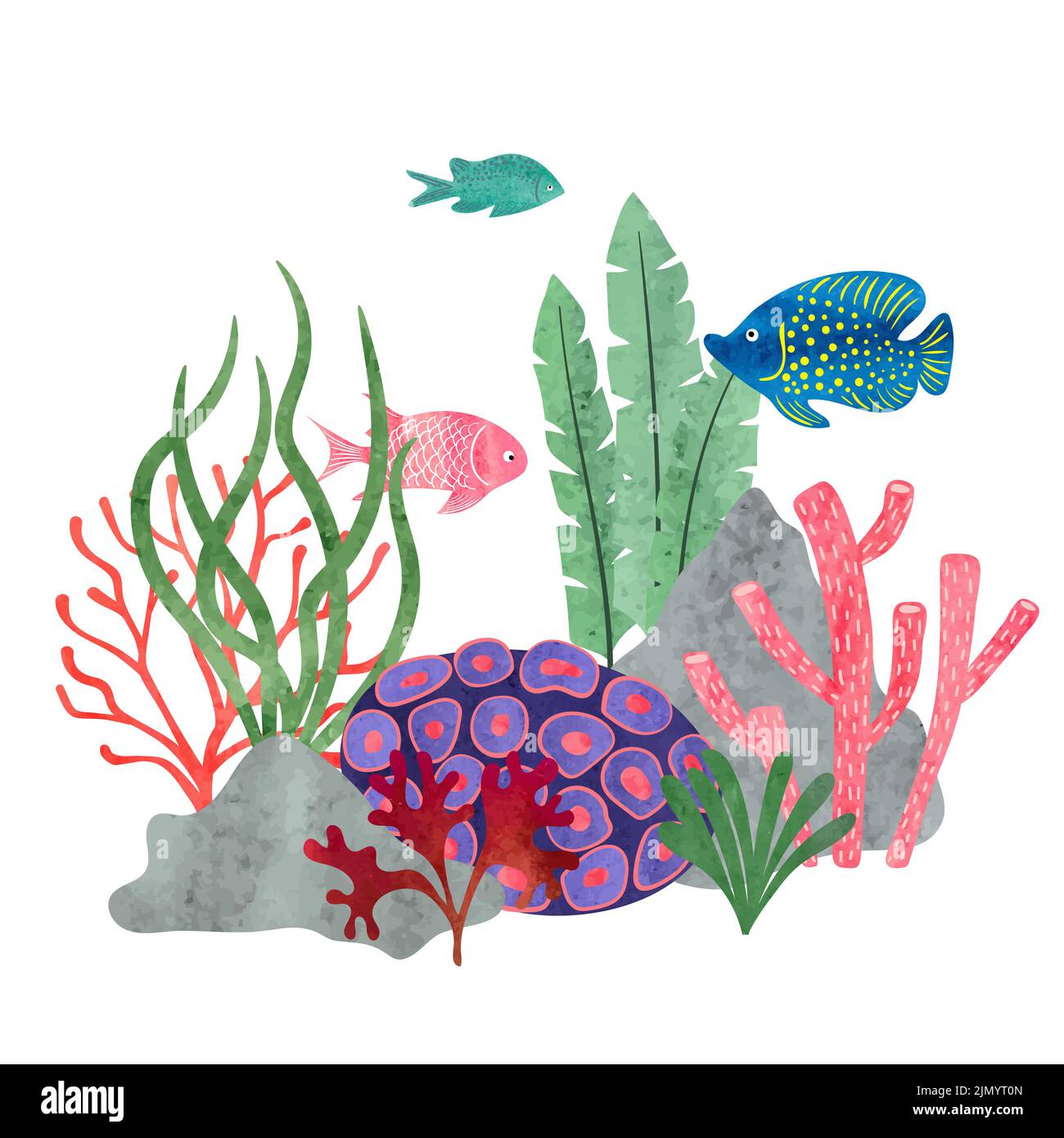 Colorful watercolor coral reef scene with fish. Vector marine ...