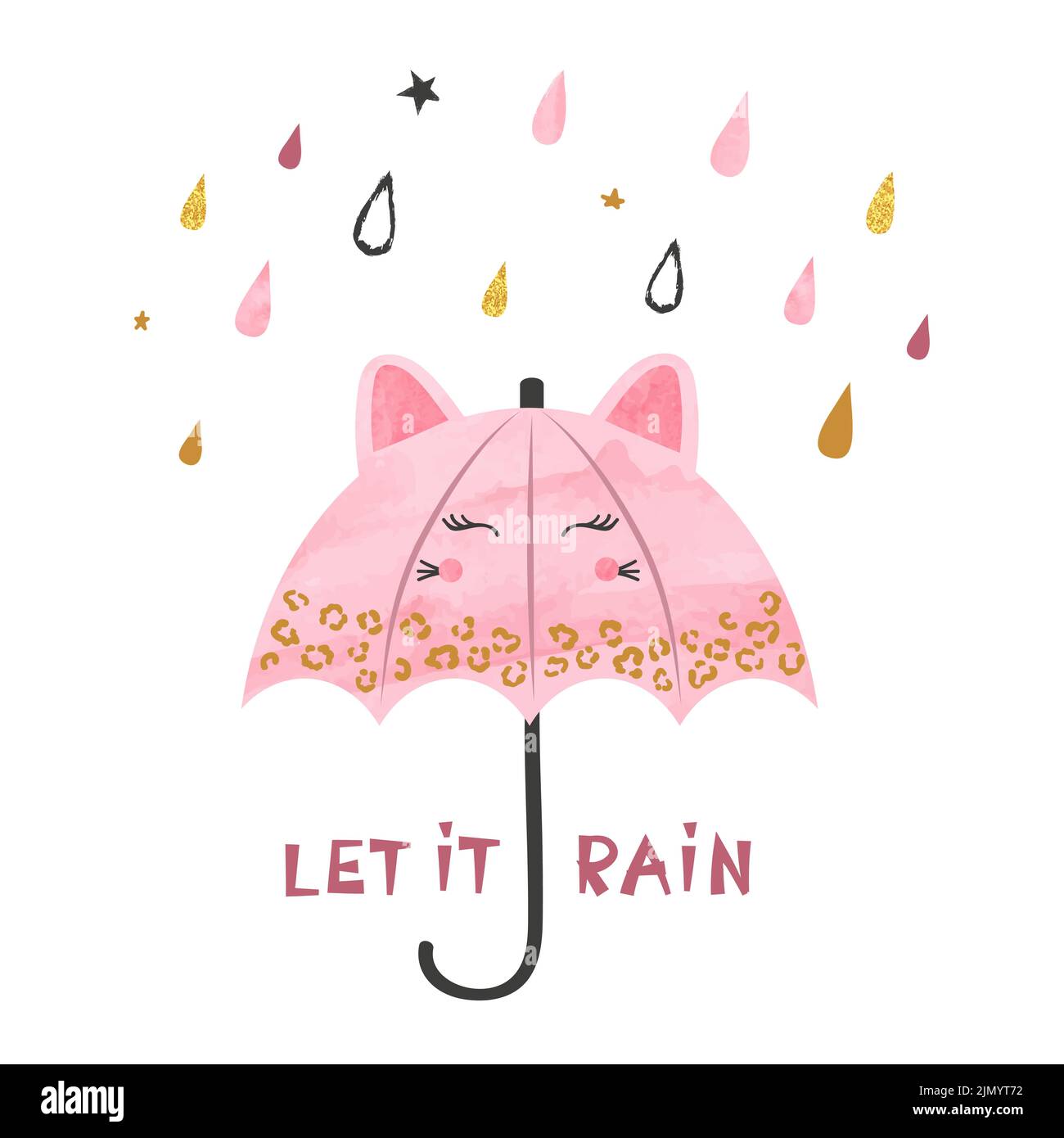 Pink umbrella with rain drops vector illustration. Let it rain lettering. Stock Vector
